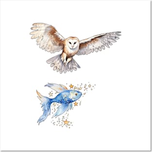 Enchanting Encounter: Owl Hunting a Magic Fish Posters and Art
